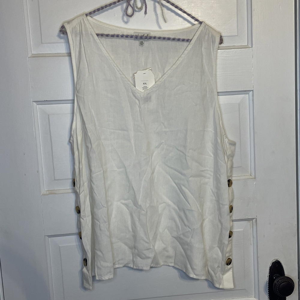 NWT White Linen Tank Top Side Buttons XXL Waverly Hippie Festival Clean Core